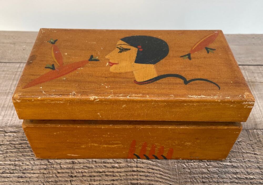 Vintage Irice Art Deco Wooden Trinket Box German Printed Woman Design